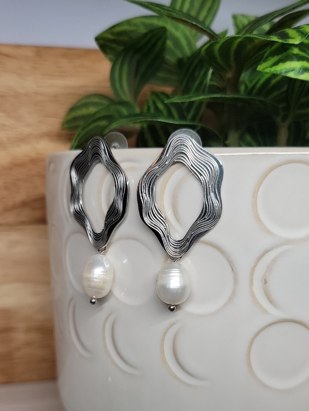Silver Wave Pearl Drop Earrings - White Pearls